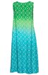 Ärmelloses Kleid in Grün und Türkis mit geometrischem Muster, rundem Halsausschnitt, knielang, ausgestellte Form