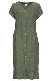 Knielanges Kleid in olivgrün, durchgehende Knopfleiste mit braunen Knöpfen, kurzärmlig, geripptes Muster, V-Ausschnitt, taillierte Form