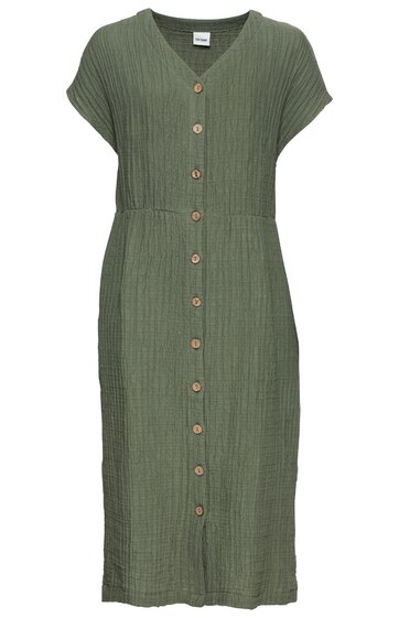 Knielanges Kleid in olivgrün, durchgehende Knopfleiste mit braunen Knöpfen, kurzärmlig, geripptes Muster, V-Ausschnitt, taillierte Form
