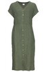 Knielanges Kleid in olivgrün, durchgehende Knopfleiste mit braunen Knöpfen, kurzärmlig, geripptes Muster, V-Ausschnitt, taillierte Form