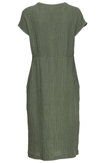 Olivgrünes Kleid mit feinem Längsstreifenmuster, kurze überschnittene Ärmel, rundhals, knielang, gerade Form, Taillierung durch Naht