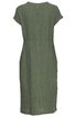 Olivgrünes Kleid mit feinem Längsstreifenmuster, kurze überschnittene Ärmel, rundhals, knielang, gerade Form, Taillierung durch Naht