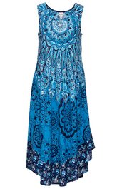 Ärmelloses Midikleid in Türkis mit blauem Paisleymuster, Rundhalsausschnitt, asymmetrischer Saum, lockere Passform