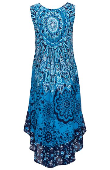Ärmelloses Kleid in Blau mit Türkis, Mandala-Muster, rundem Halsausschnitt, asymmetrischem Saum, locker fallend