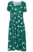 Grünes Kleid mit weißem Blumenmuster, kurzer Ärmel, rundem Halsausschnitt mit gemustertem Kragen, figurbetonte Taille, knielang