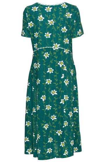 Grünes Midikleid mit weißen Blumen und grünen Blättern, kurze Ärmel, rundhalsausschnitt, taillierter Schnitt mit Gürtel, knielang
