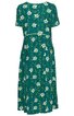 Grünes Midikleid mit weißen Blumen und grünen Blättern, kurze Ärmel, rundhalsausschnitt, taillierter Schnitt mit Gürtel, knielang