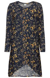 Dunkelblaues Kleid mit gelb-orangefarbenem Blumenmuster, Rundhals, lange Ärmel, asymmetrischer Saum vorne kürzer als hinten
