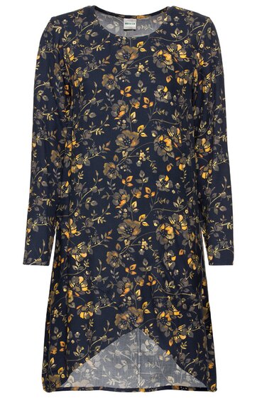 Dunkelblaues Kleid mit gelb-orangefarbenem Blumenmuster, Rundhals, lange Ärmel, asymmetrischer Saum vorne kürzer als hinten