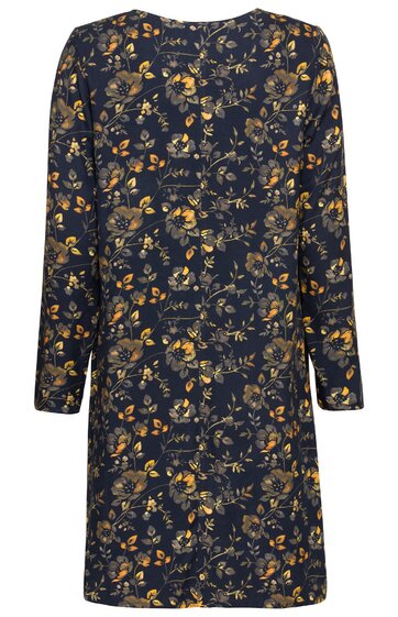 Dunkelblauer Mantel mit gelb-orangefarbenem Blumenmuster, gerade geschnitten, Knopfleiste mit schwarzen Knöpfen, langer gerader Ärmel, knielang