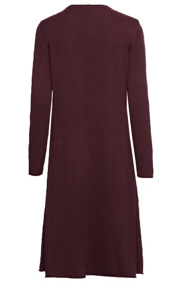 Langärmliges, knieumspielendes Kleid in dunklem Burgundrot, schlicht ohne Muster, gerade geschnitten, Rückansicht ohne sichtbare Verschlüsse oder Verzierungen