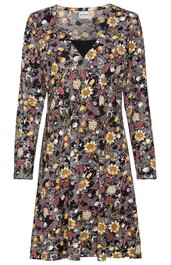 Langärmliges Kleid in Schwarz mit buntem Blumenmuster in Gelb, Orange, Weiß und Rot, V-Ausschnitt mit darunterliegendem schwarzen Einsatz, knielang, leicht ausgestellter Rock