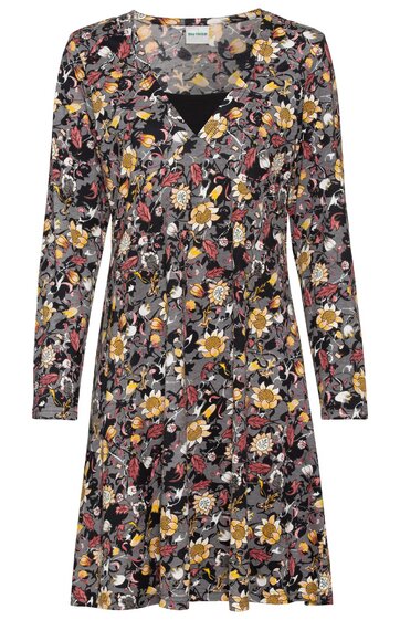 Langärmliges Kleid in Schwarz mit buntem Blumenmuster in Gelb, Orange, Weiß und Rot, V-Ausschnitt mit darunterliegendem schwarzen Einsatz, knielang, leicht ausgestellter Rock