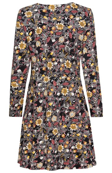 Langärmliges Kleid in Dunkelgrau mit buntem Blumenmuster, Rundhalsausschnitt, ausgestellter Rock, taillierte Form