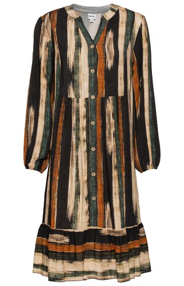 Knieumspielendes Kleid mit langem Arm, mehrfarbiger Streifen in Schwarz, Beige, Braun und Grün, V-Ausschnitt mit Knopfleiste, lockere Passform, Rüschensaum