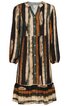Knieumspielendes Kleid mit langem Arm, mehrfarbiger Streifen in Schwarz, Beige, Braun und Grün, V-Ausschnitt mit Knopfleiste, lockere Passform, Rüschensaum
