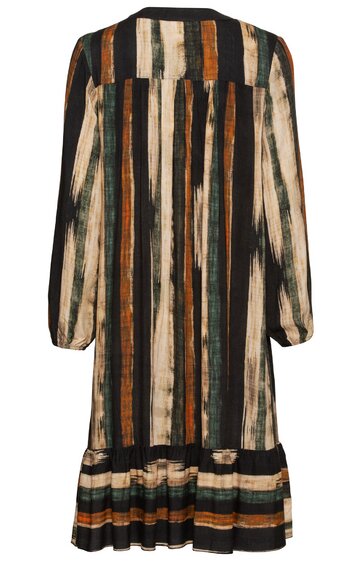 Knielanges Kleid mit langen Ärmeln in Schwarz, Beige, Dunkelgrün und Braun, vertikale Streifen, Rundhals, Rüschen am Saum, lockere Passform