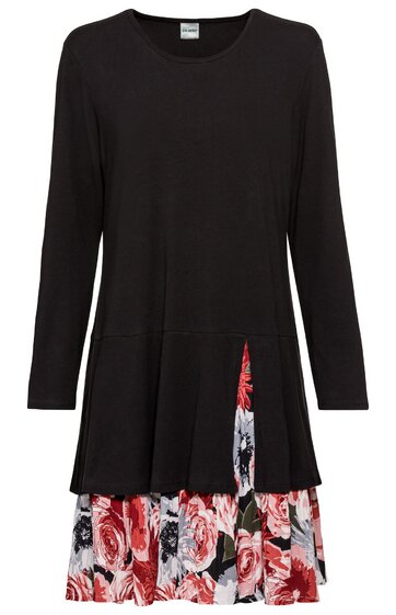 Schwarzes Damenkleid mit langem Arm, Rundhalsausschnitt, ausgestelltem Oberteil mit seitlichem Schlitz, Unterrock mit rotem und rosafarbenem Blumenmuster, knielang