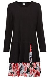 Schwarzes Damenkleid mit langem Arm, Rundhalsausschnitt, ausgestelltem Oberteil mit seitlichem Schlitz, Unterrock mit rotem und rosafarbenem Blumenmuster, knielang
