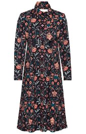 Dunkelblaues langärmliges Kleid mit floralen Mustern in Rot und Grün, Stehkragen, Knopfleiste vorne, A-Linien-Form, knielang