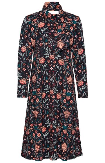 Dunkelblaues langärmliges Kleid mit floralen Mustern in Rot und Grün, Stehkragen, Knopfleiste vorne, A-Linien-Form, knielang