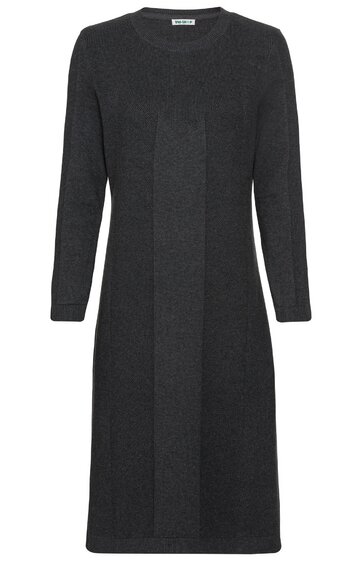 Dunkelgraues, knielanges Kleid mit langem Arm, Rundhalsausschnitt, gerade geschnitten, ohne Muster, mittig nahtähnliche Struktur