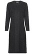 Dunkelgraues, knielanges Kleid mit langem Arm, Rundhalsausschnitt, gerade geschnitten, ohne Muster, mittig nahtähnliche Struktur