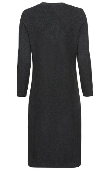 Dunkelgraues langärmeliges Kleid, gerade geschnitten, knielang, ohne Muster, Rückenansicht