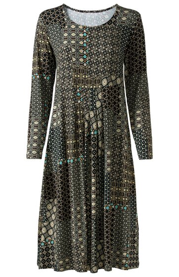 Langärmliges Kleid in Dunkelgrün mit geometrischem Muster aus Ringen, Kreisen und Rechtecken, Rundhalsausschnitt, knielang, ausgestellter Rock