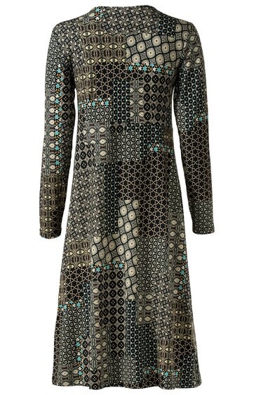 Langärmliges Kleid in Schwarz mit geometrischem Patchworkmuster in Beige, Hellblau und Braun, Rundhalsausschnitt, knieumspielende Länge, A-Linie, aufrecht hängend ohne sichtbare Person