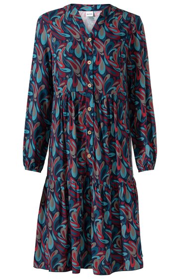 Kleid in Dunkelblau mit abstraktem, mehrfarbigem Muster in Rot und Hellblau, Knopfleiste vorne, V-Ausschnitt, lange Ärmel mit Gummizug, ausgestellter Rock mit Stufen, knieumspielend