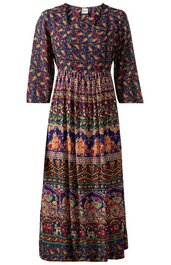 Knielanges Kleid in Dunkelblau mit mehrfarbigem Ethno-Muster, Rundhalsausschnitt, 3/4-lange Ärmel, elastische Taillenpartie, weiter Rock