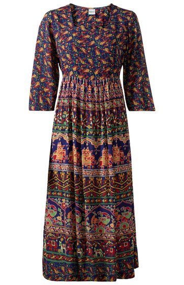 Knielanges Kleid in Dunkelblau mit mehrfarbigem Ethno-Muster, Rundhalsausschnitt, 3/4-lange Ärmel, elastische Taillenpartie, weiter Rock