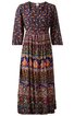 Knielanges Kleid in Dunkelblau mit mehrfarbigem Ethno-Muster, Rundhalsausschnitt, 3/4-lange Ärmel, elastische Taillenpartie, weiter Rock