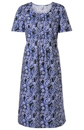 Knielanges Kleid in dunklem Blau mit weißem Paisley-Muster, Rundhalsausschnitt, kurze Ärmel, Taillierung durch angenähte Teilungsnähte