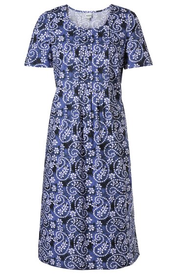 Knielanges Kleid in dunklem Blau mit weißem Paisley-Muster, Rundhalsausschnitt, kurze Ärmel, Taillierung durch angenähte Teilungsnähte