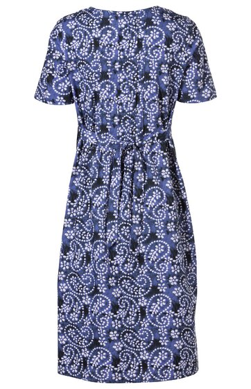 Knielanges Kleid in Dunkelblau mit weißem Paisley-Muster, kurze Ärmel, Rundhalsausschnitt, tailliert mit Bindegürtel