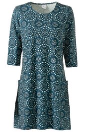 Damenkleid in Petrol mit weißem Kreis- und Punktmuster, Rundhalsausschnitt, 3/4-Ärmel, zwei aufgesetzte Taschen vorne, leicht ausgestellte Form