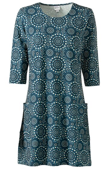 Damenkleid in Petrol mit weißem Kreis- und Punktmuster, Rundhalsausschnitt, 3/4-Ärmel, zwei aufgesetzte Taschen vorne, leicht ausgestellte Form