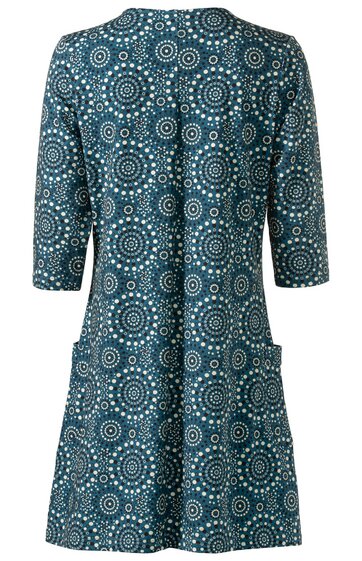 Kleid petrolblau mit weißen und türkisfarbenen kreisförmigen Mustern, 3/4-ärmel, rundhalsausschnitt, zwei aufgesetzte taschen auf höhe der hüften, gerade geschnitten