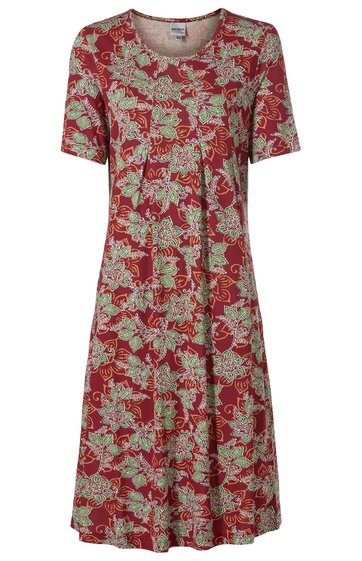 Rotes Kleid mit Blumenmuster in grün und rosa, kurze Ärmel, Rundhalsausschnitt, locker fallend, knielang