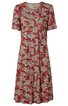Rotes Kleid mit Blumenmuster in grün und rosa, kurze Ärmel, Rundhalsausschnitt, locker fallend, knielang
