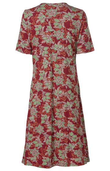 Rotes Kleid mit floralem Muster in Weiß und Grün, kurze Ärmel, Rundhalsausschnitt, knielang, lockere Passform