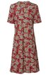 Rotes Kleid mit floralem Muster in Weiß und Grün, kurze Ärmel, Rundhalsausschnitt, knielang, lockere Passform