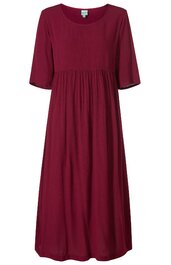 Bordeauxrotes Midikleid ohne Muster, rundhalsausschnitt, halblange Ärmel, lockere Passform, geraffter Taillenbereich