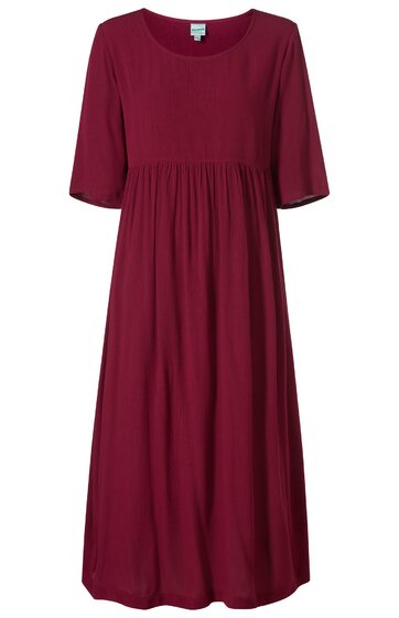 Bordeauxrotes Midikleid ohne Muster, rundhalsausschnitt, halblange Ärmel, lockere Passform, geraffter Taillenbereich