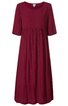Bordeauxrotes Midikleid ohne Muster, rundhalsausschnitt, halblange Ärmel, lockere Passform, geraffter Taillenbereich