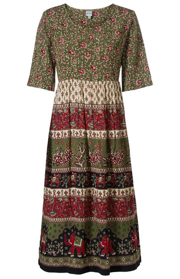 Knielanges Kleid in olivgrün mit mehrfarbigem Blumen- und Ornamentmuster, Rundhalsausschnitt, halblange Ärmel, taillierte Form