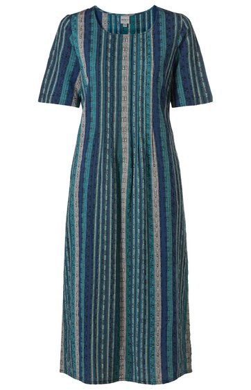 Knielanges Kleid in Blau- und Grautönen mit vertikalen Streifen, Rundhalsausschnitt, halblange Ärmel, gerade Form