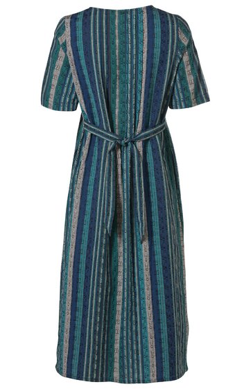 Midikleid in Blau- und Grüntönen mit vertikalen Streifen, kurze Ärmel, Rundhalsausschnitt, Bindegürtel hinten, gerade geschnitten